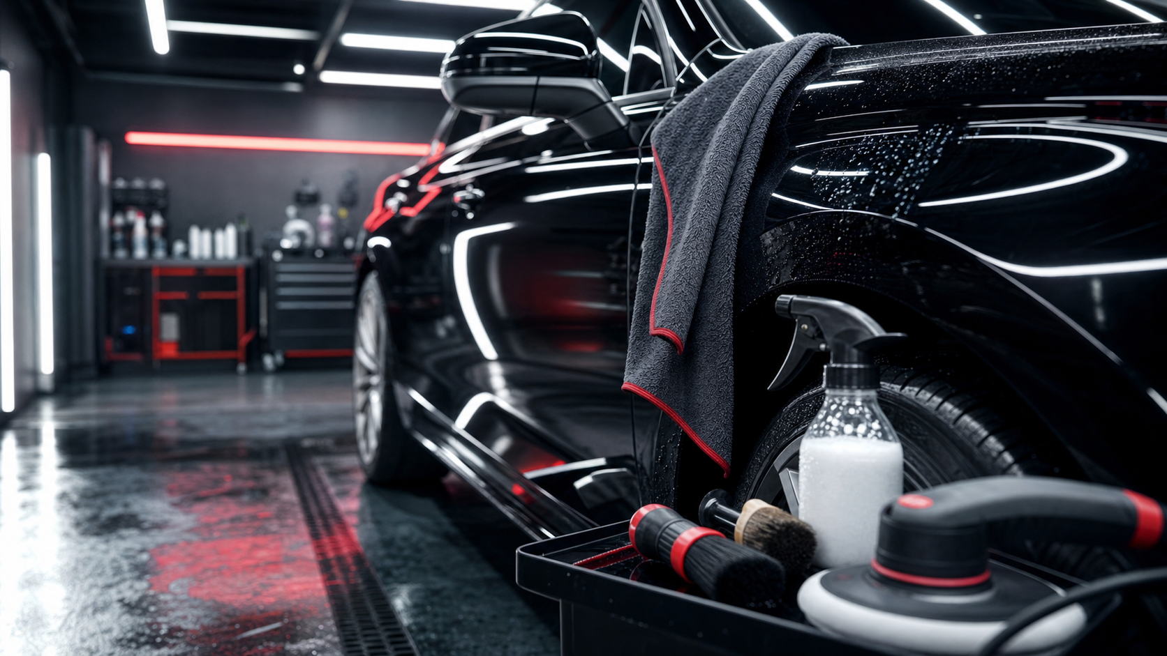 Glossy car in a detailing bay with valeting tools